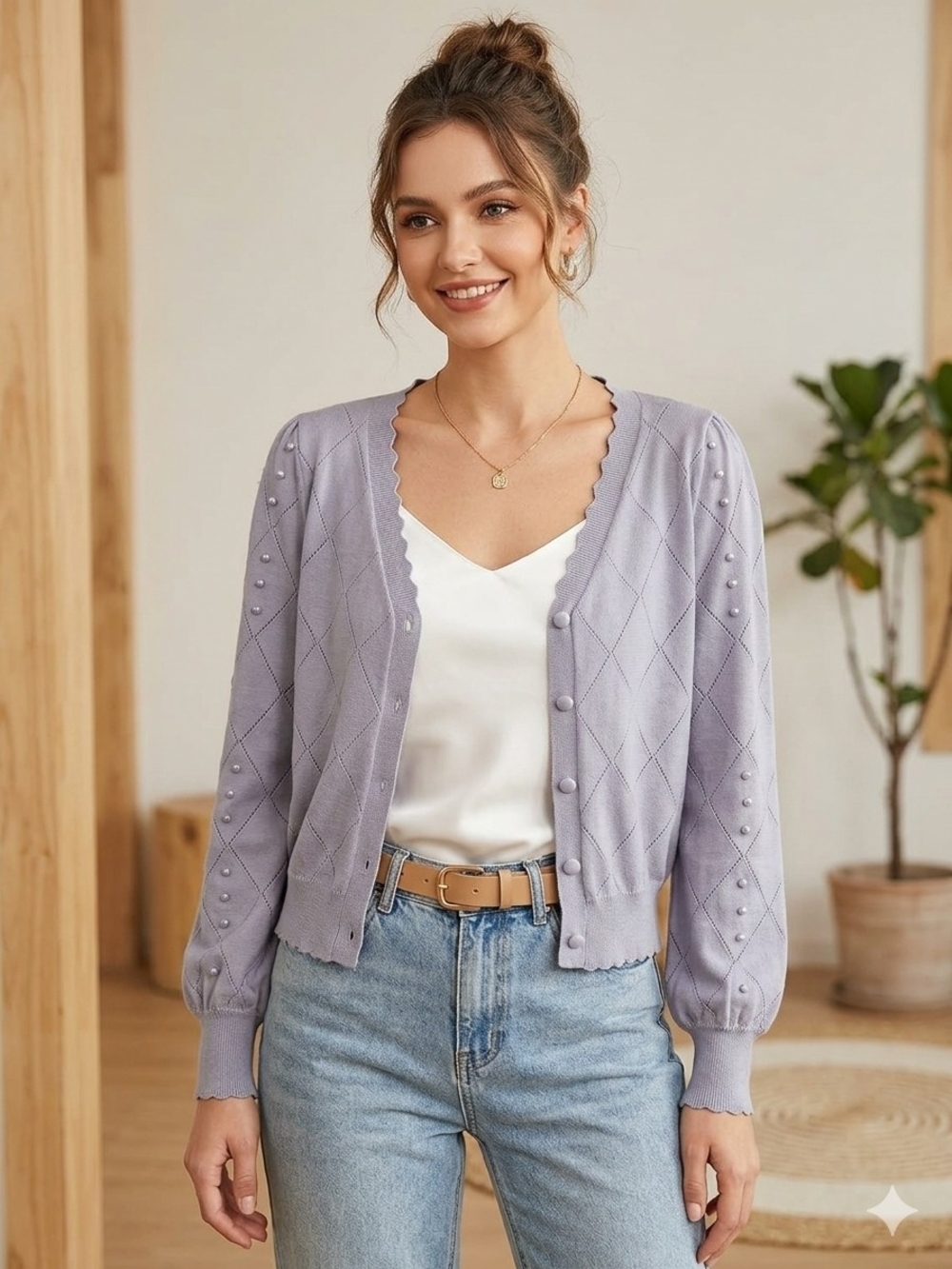 Grace Karin Gray Scalloped V-Neck Knit Cardigan Grandmacore Coquette Soft Girl S